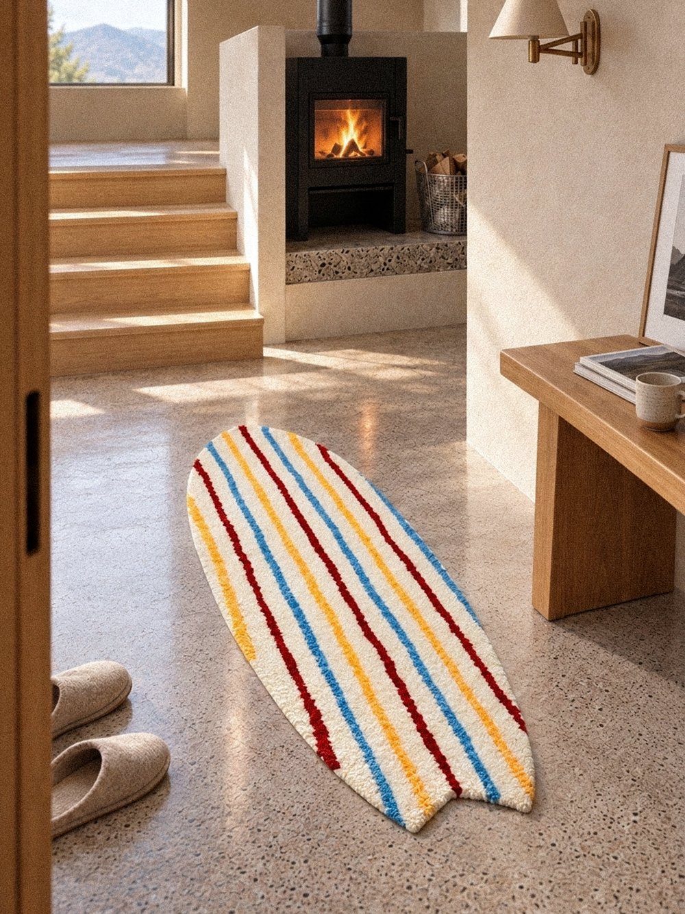 Voidline Surfboard Rug (Red, Yellow & Blue) - styled view