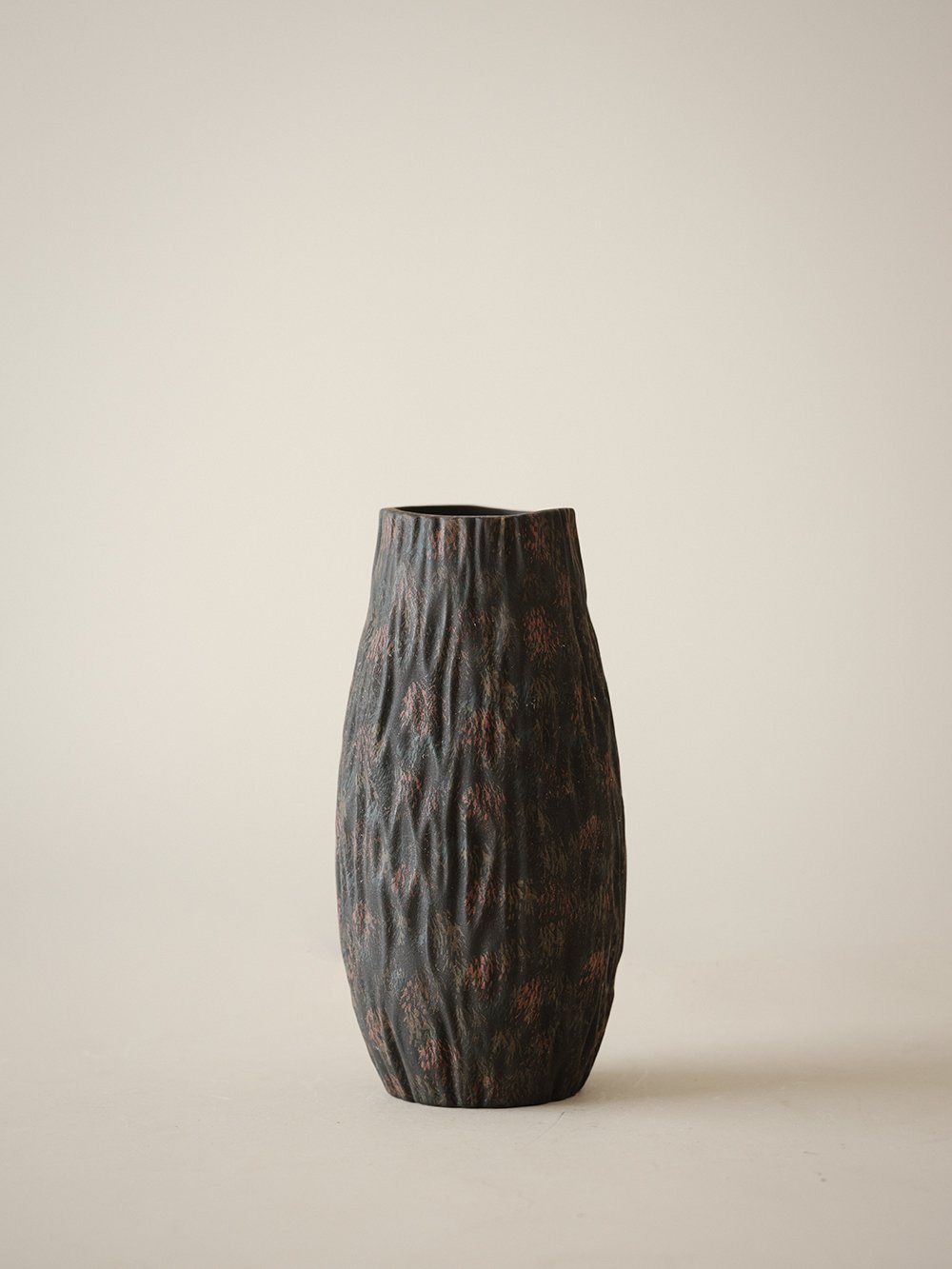 Smoky Black Bark-Textured Ceramic Vase - Large