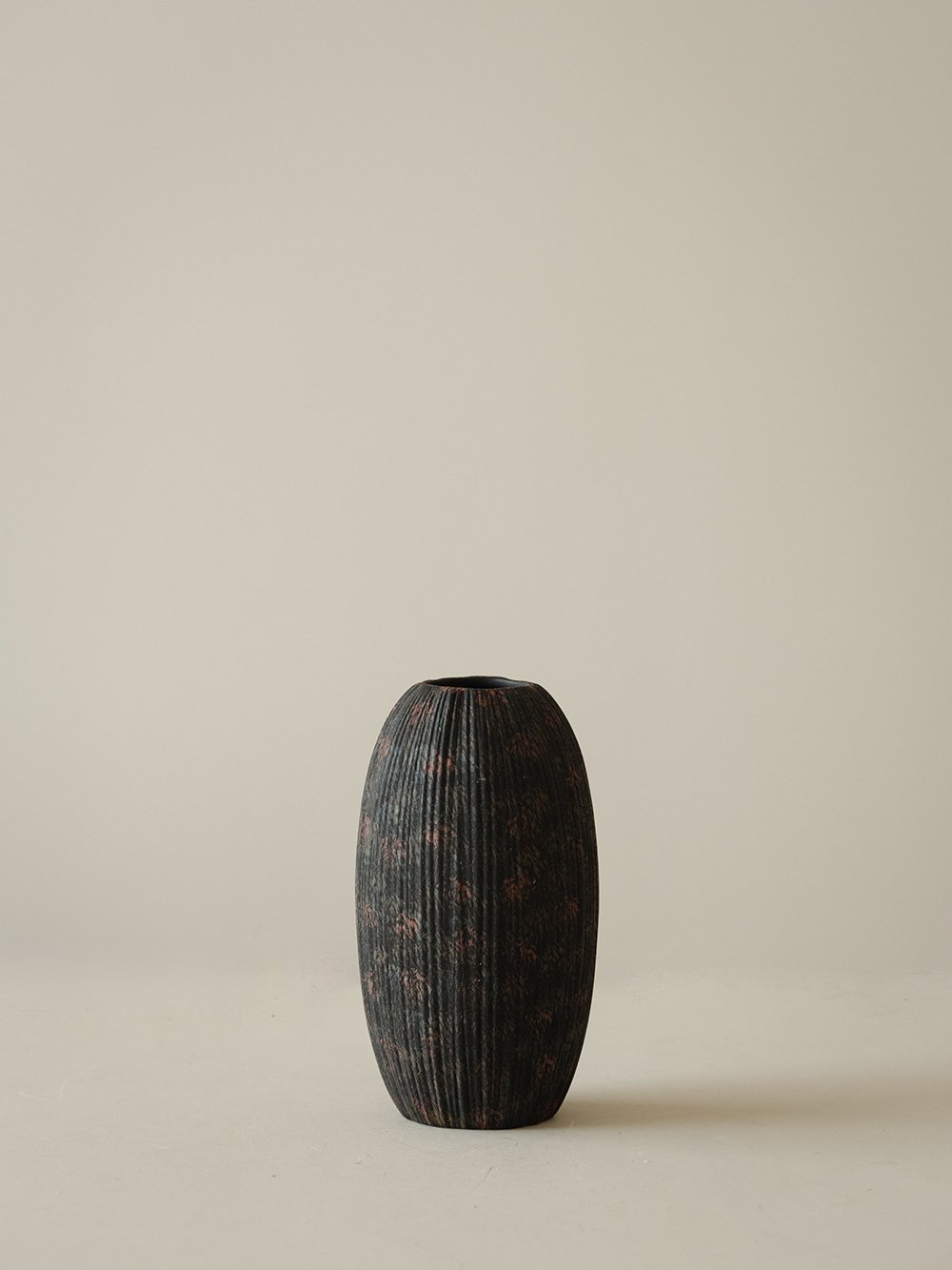 Smoky Black Ribbed Ceramic Vase - Small