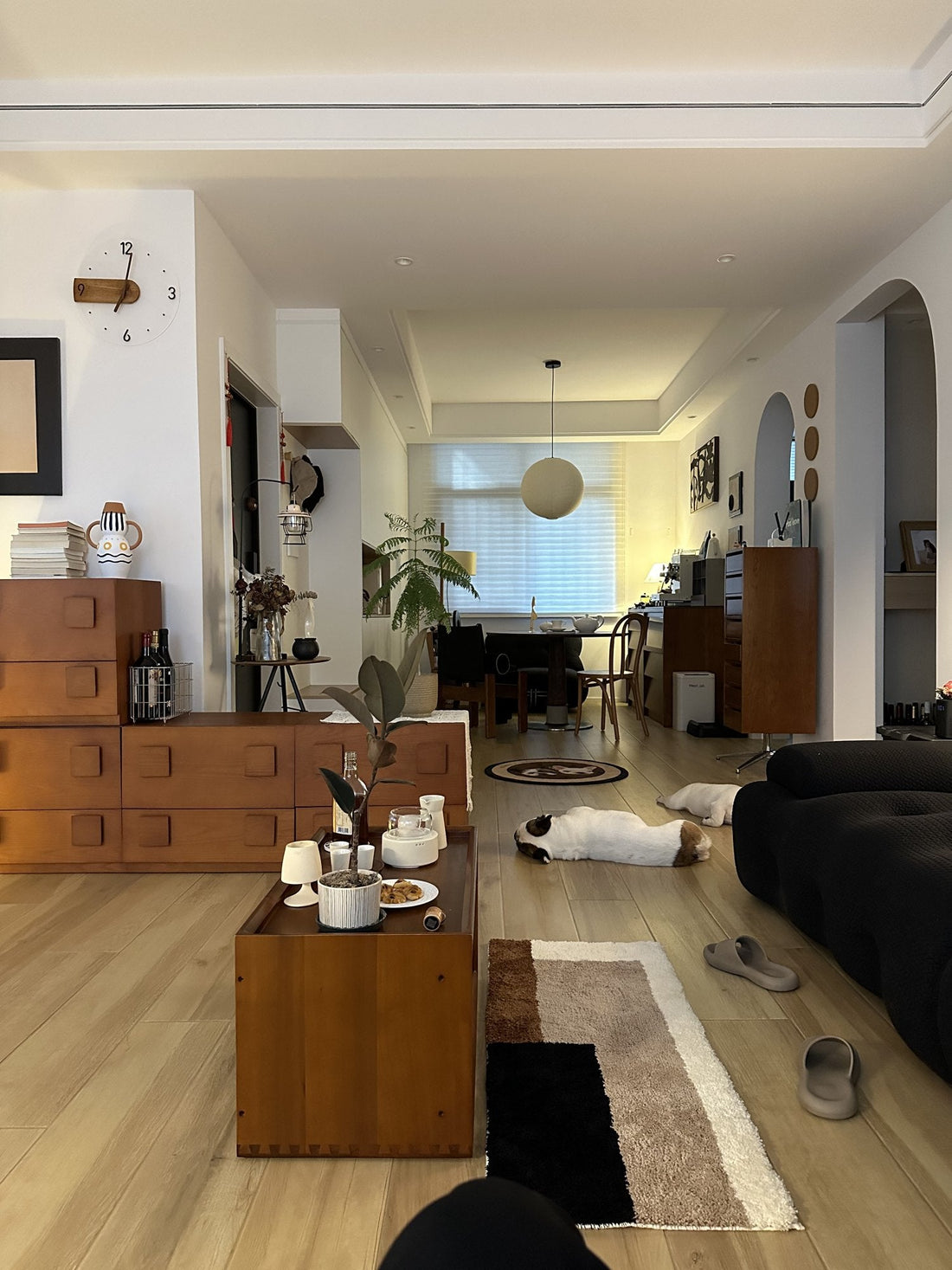 Long living room with a low wooden coffee table, a colour-block runner rug and two dogs lying on the floor near a black sofa
