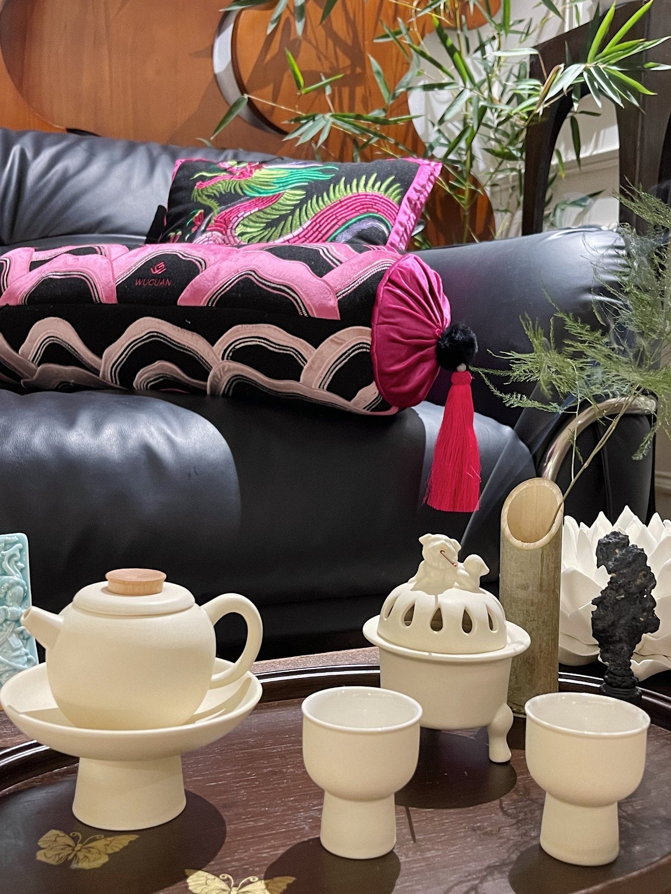 Light Tea Set near a Soft Floor Edge