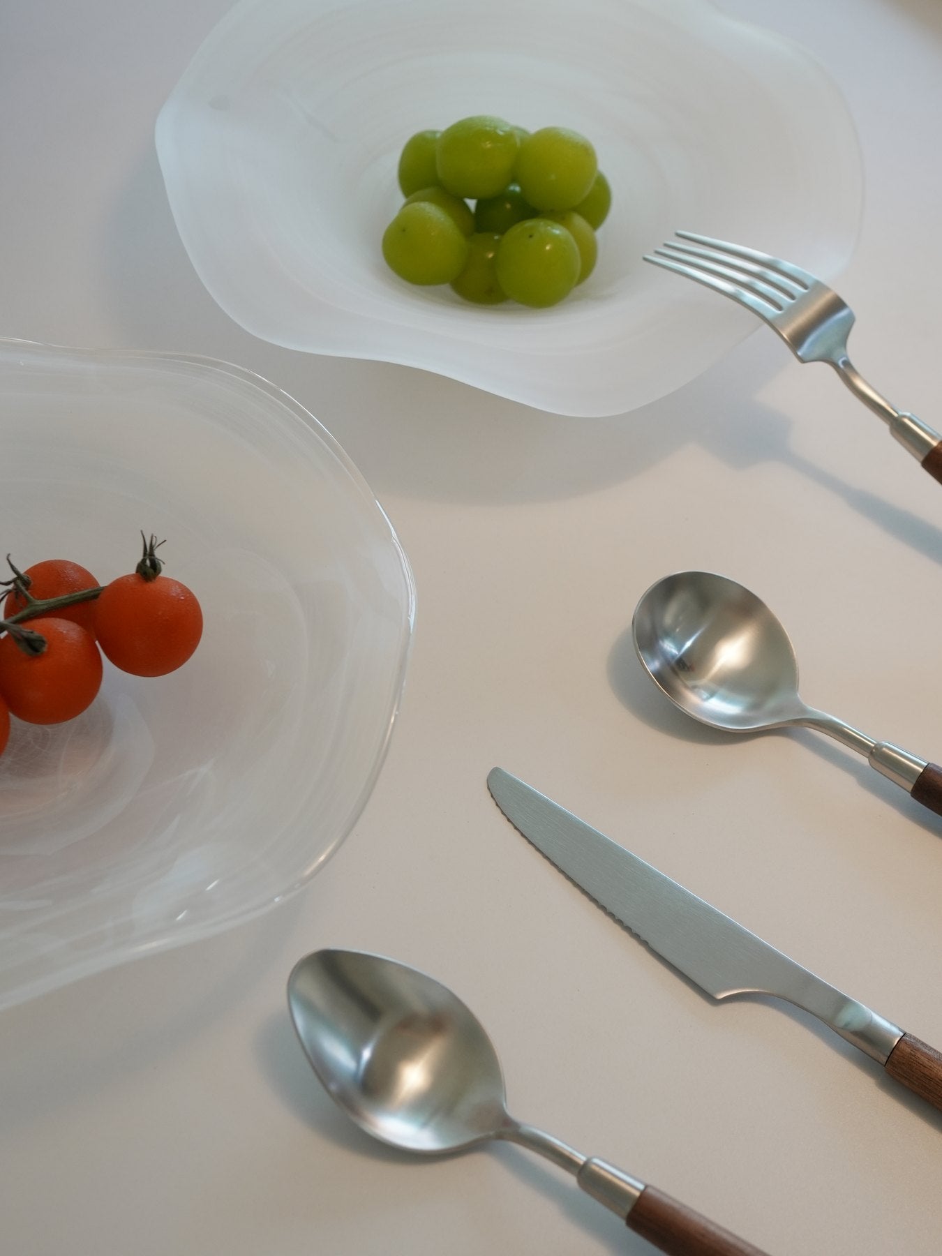 Walnut Cutlery and Haze Plate Styling for a Low Table