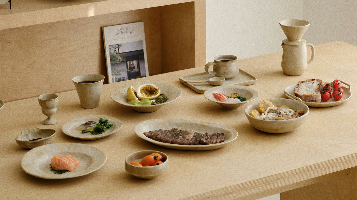 Ceramic tableware arranged for an everyday meal