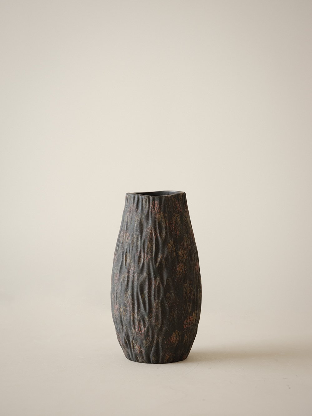 Smoky Black Bark-Textured Ceramic Vase - Small