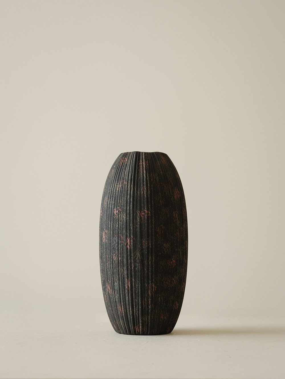 Smoky Black Ribbed Ceramic Vase - Large
